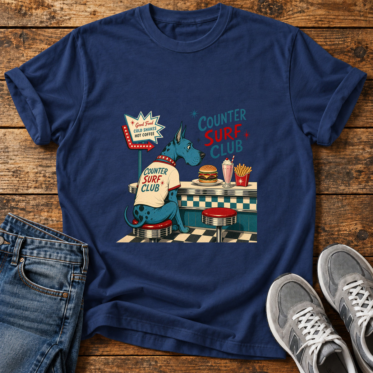 Counter Surf Club Great Dane graphic T-shirt in Navy, shown on a flat-lay shirt mockup