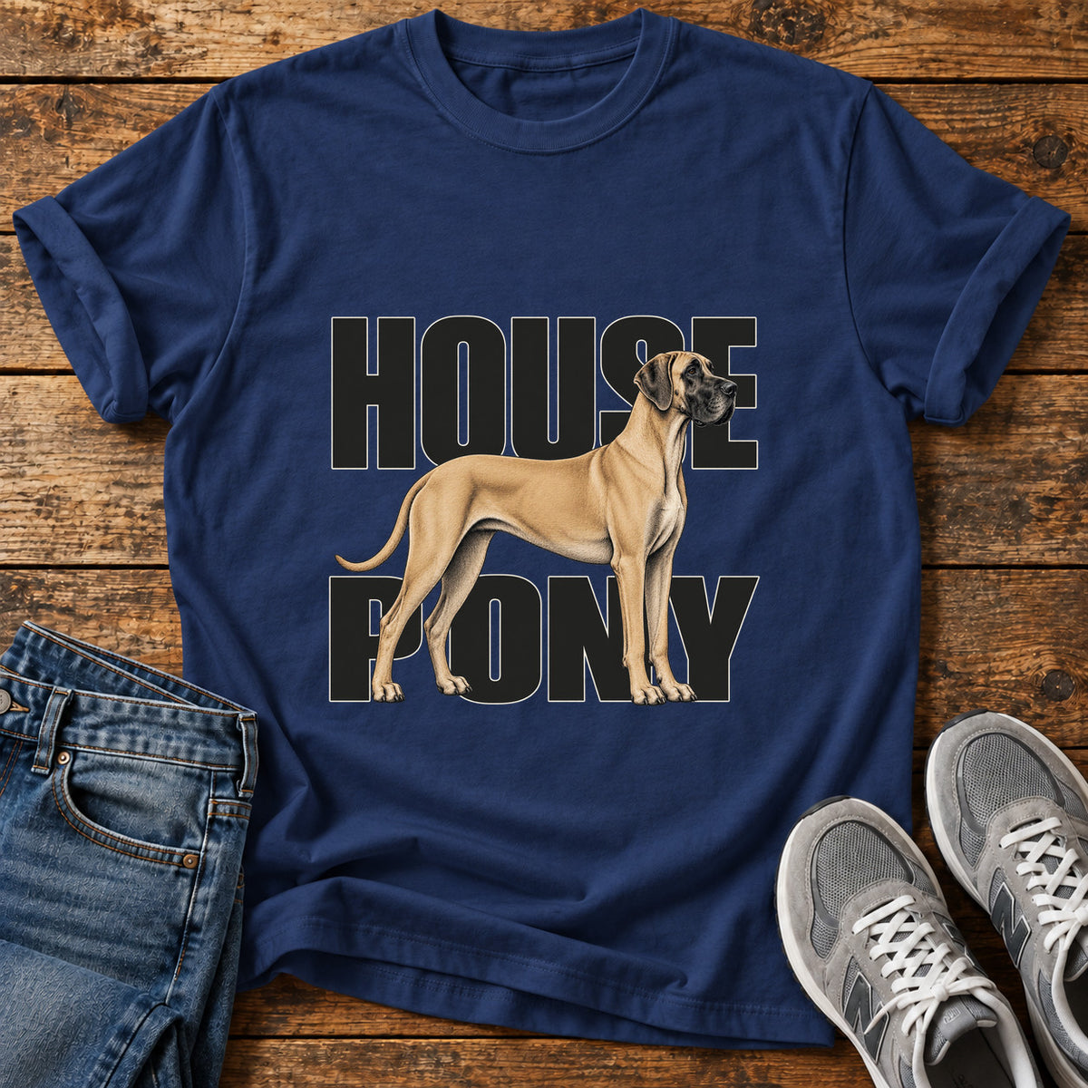 House Pony Great Dane graphic T-shirt in Navy, shown on a flat-lay shirt mockup