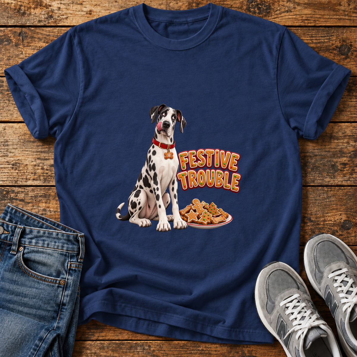 Festive Trouble Great Dane graphic T-shirt in Navy, shown on a flat-lay shirt mockup