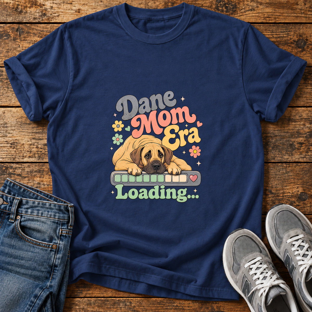 Dane Mom Loading Great Dane graphic T-shirt in Navy, shown on a flat-lay shirt mockup