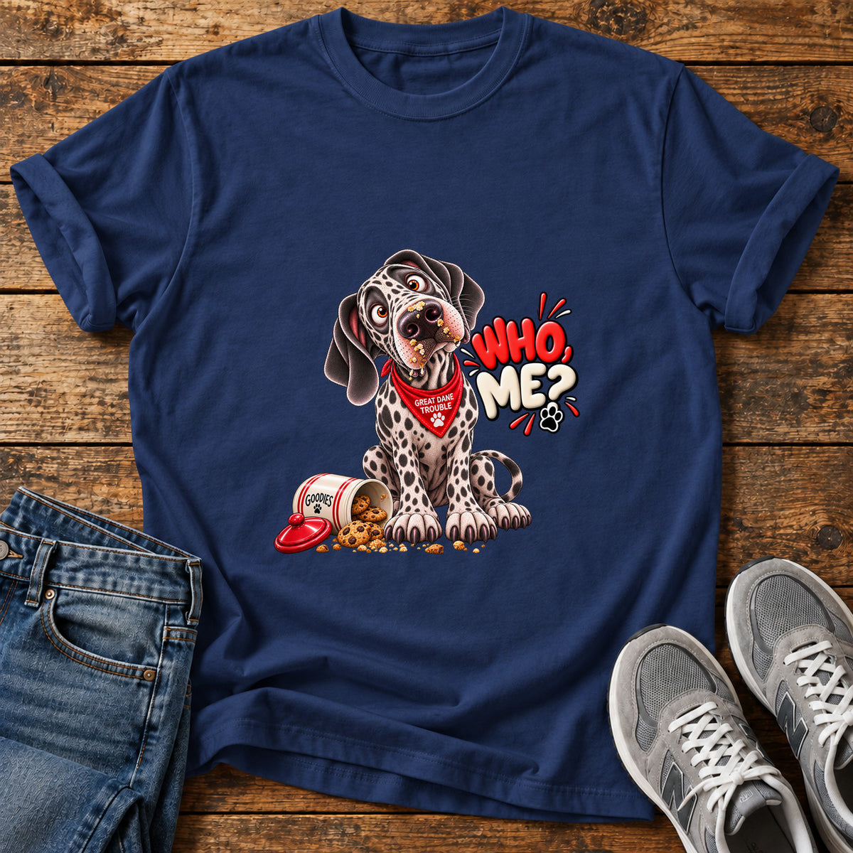Who Me Great Dane graphic T-shirt in Navy, shown on a flat-lay shirt mockup