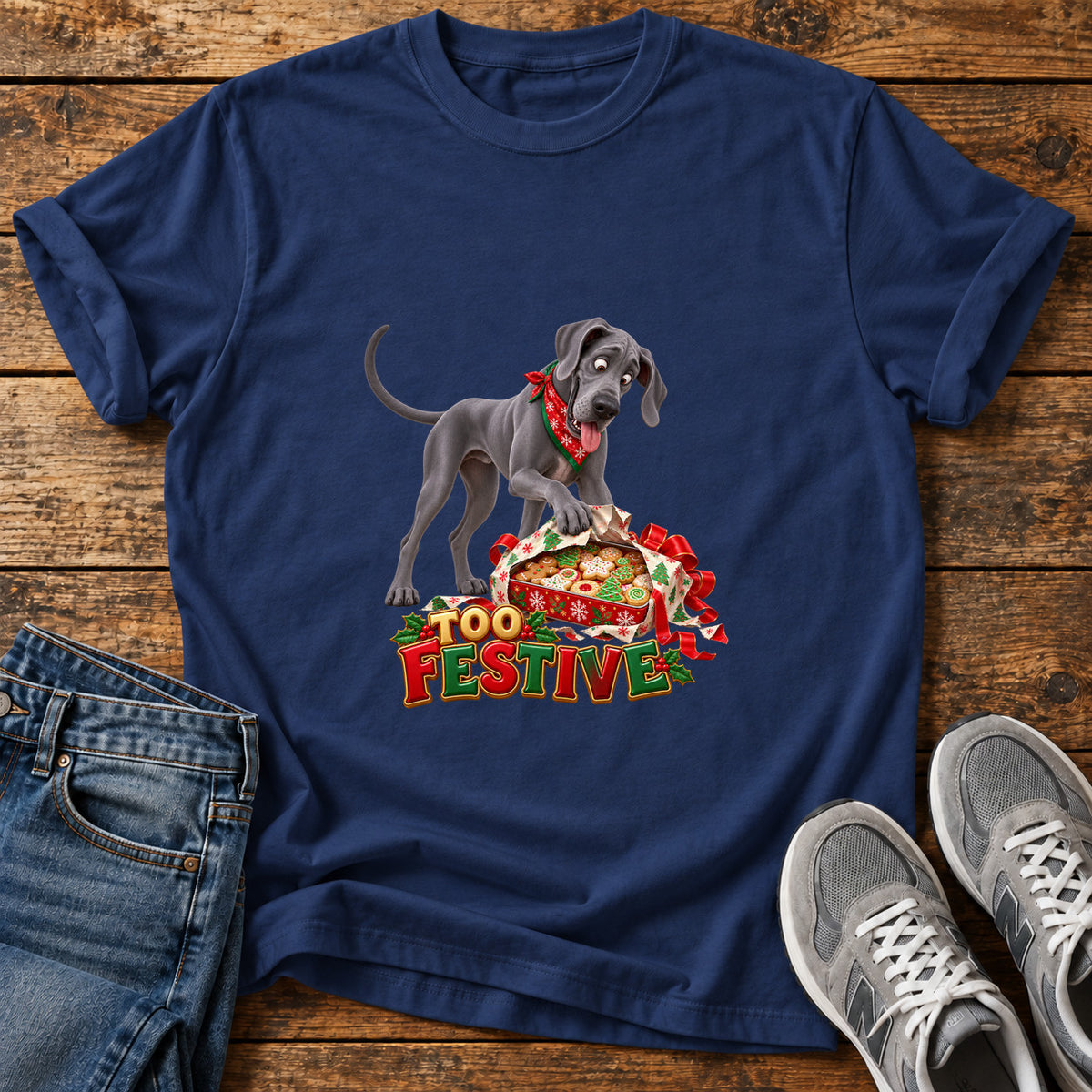 Too Festive Great Dane graphic T-shirt in Navy, shown on a flat-lay shirt mockup