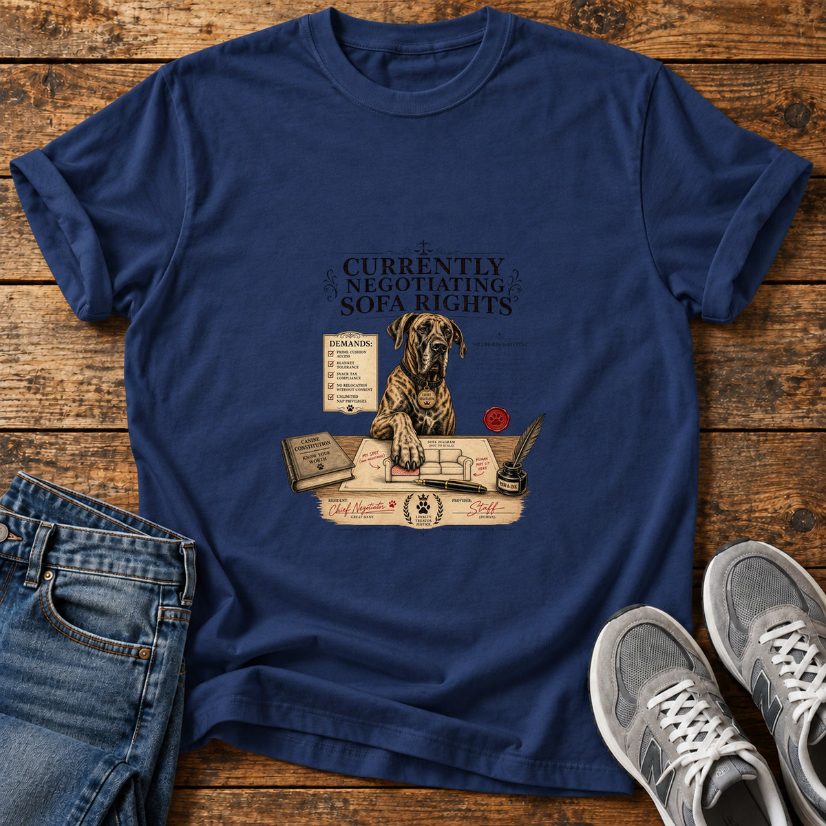 Sofa Rights Negotiation Great Dane graphic T-shirt in Navy, shown on a flat-lay shirt mockup