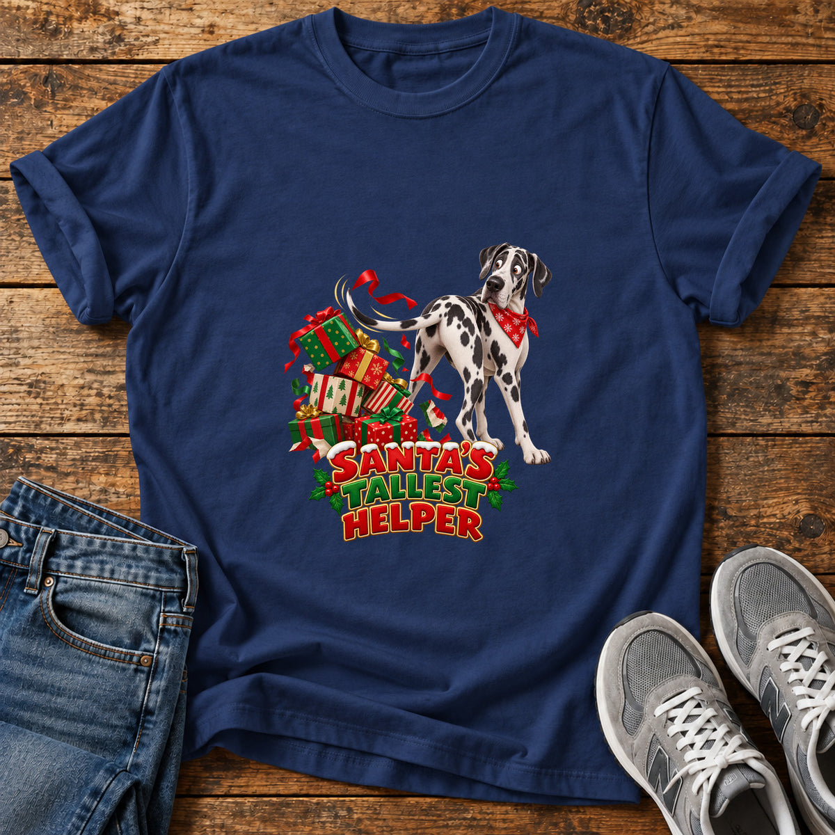 Santa's Tallest Helper Great Dane graphic T-shirt in Navy, shown on a flat-lay shirt mockup