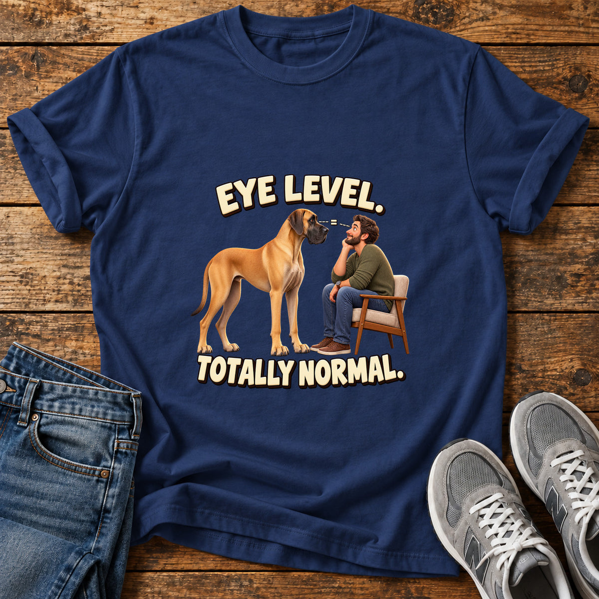 Eye Level Normal Great Dane graphic T-shirt in Navy, shown on a flat-lay shirt mockup