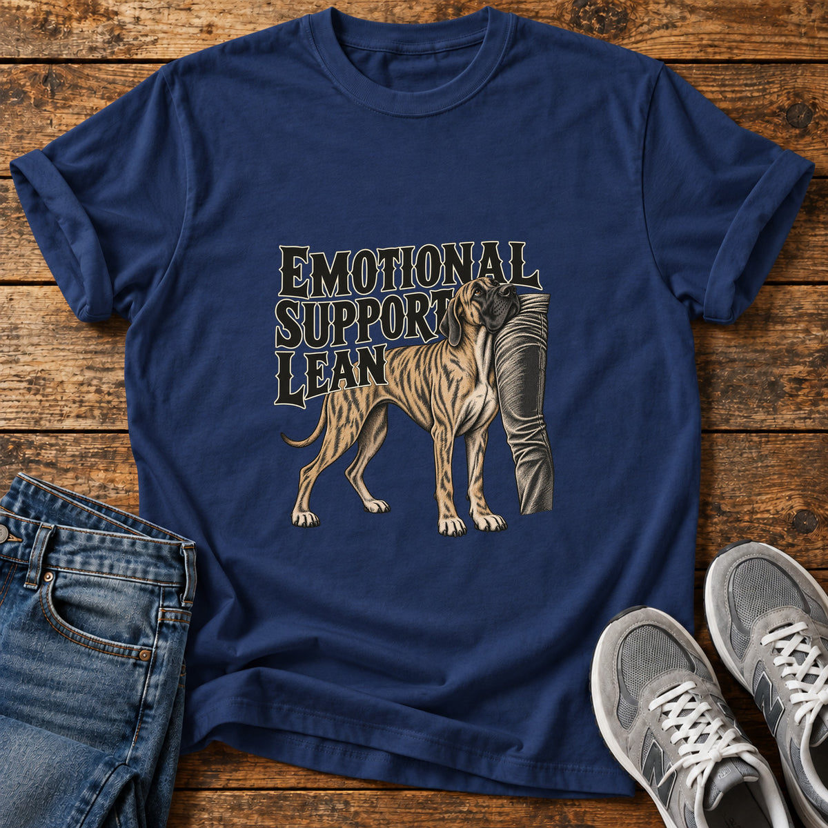 Emotional Support Lean Great Dane graphic T-shirt in Navy, shown on a flat-lay shirt mockup