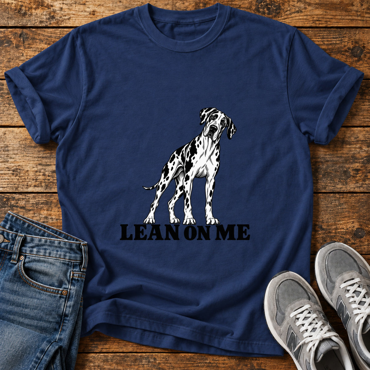 Lean On Me Great Dane graphic T-shirt in Navy, shown on a flat-lay shirt mockup