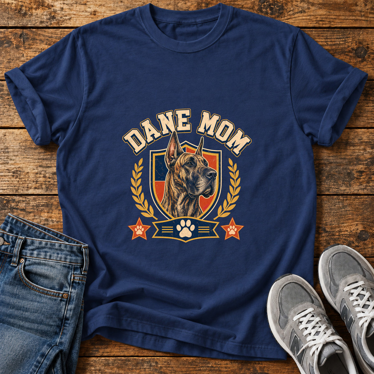 Dane Mom Great Dane graphic T-shirt in Navy, shown on a flat-lay shirt mockup