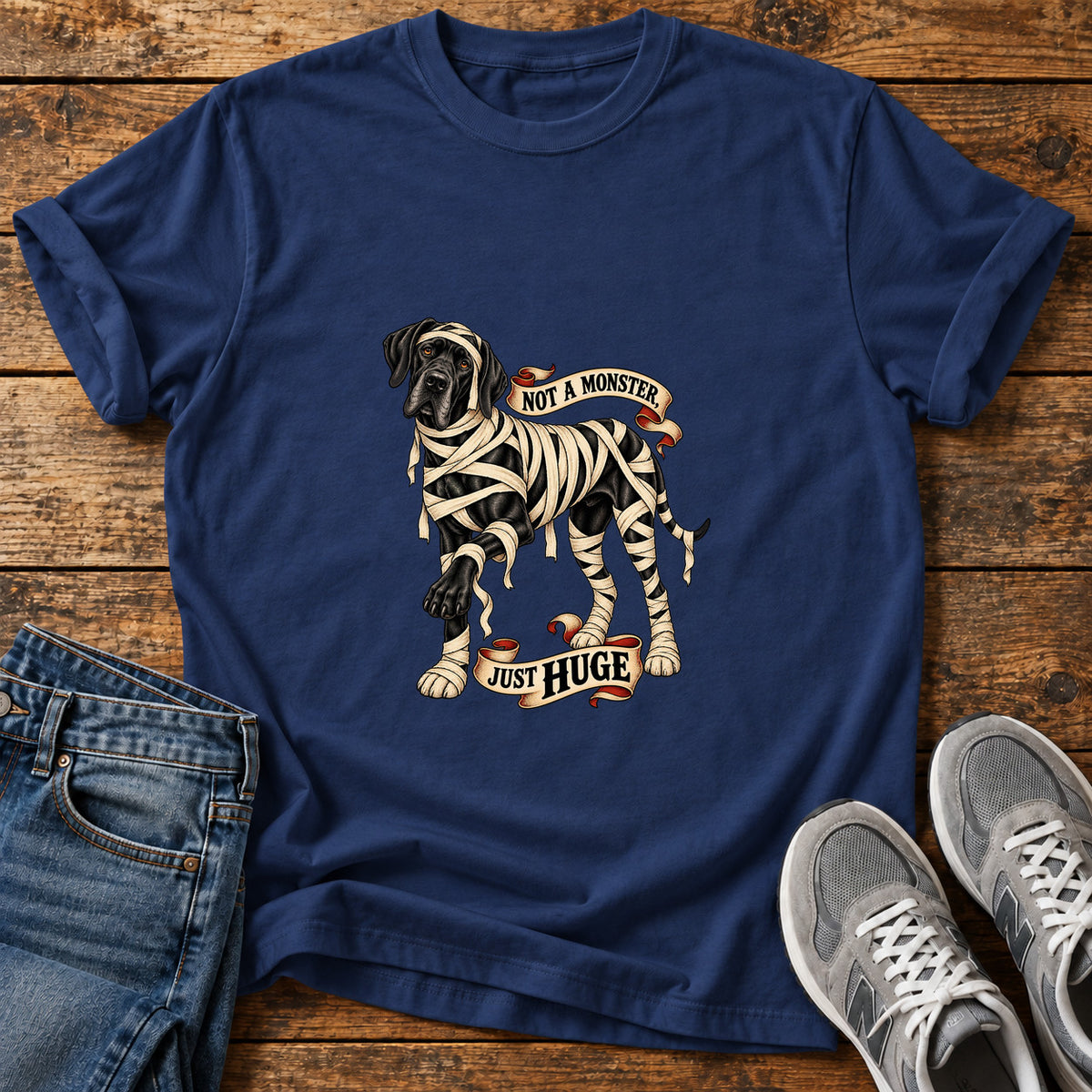Not A Monster Great Dane graphic T-shirt in Navy, shown on a flat-lay shirt mockup