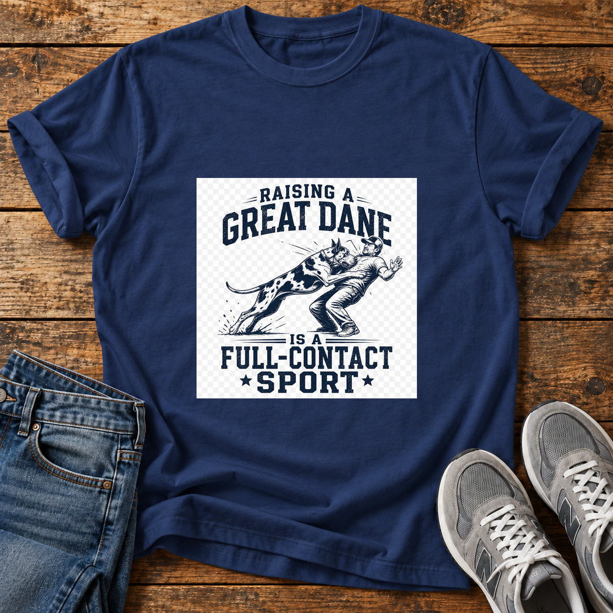 Great Dane Sport graphic T-shirt in Navy, shown on a flat-lay shirt mockup