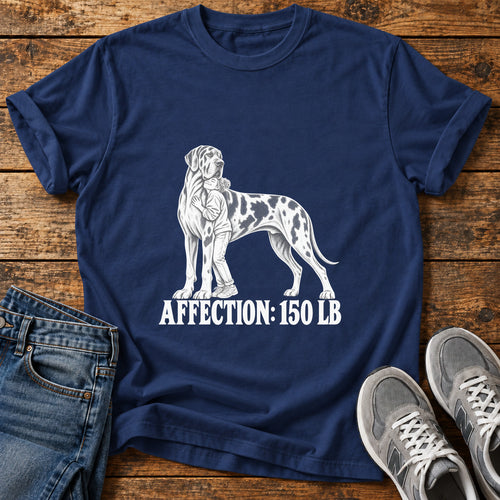 Affection 150LB Great Dane graphic T-shirt in Navy, shown on a flat-lay shirt mockup