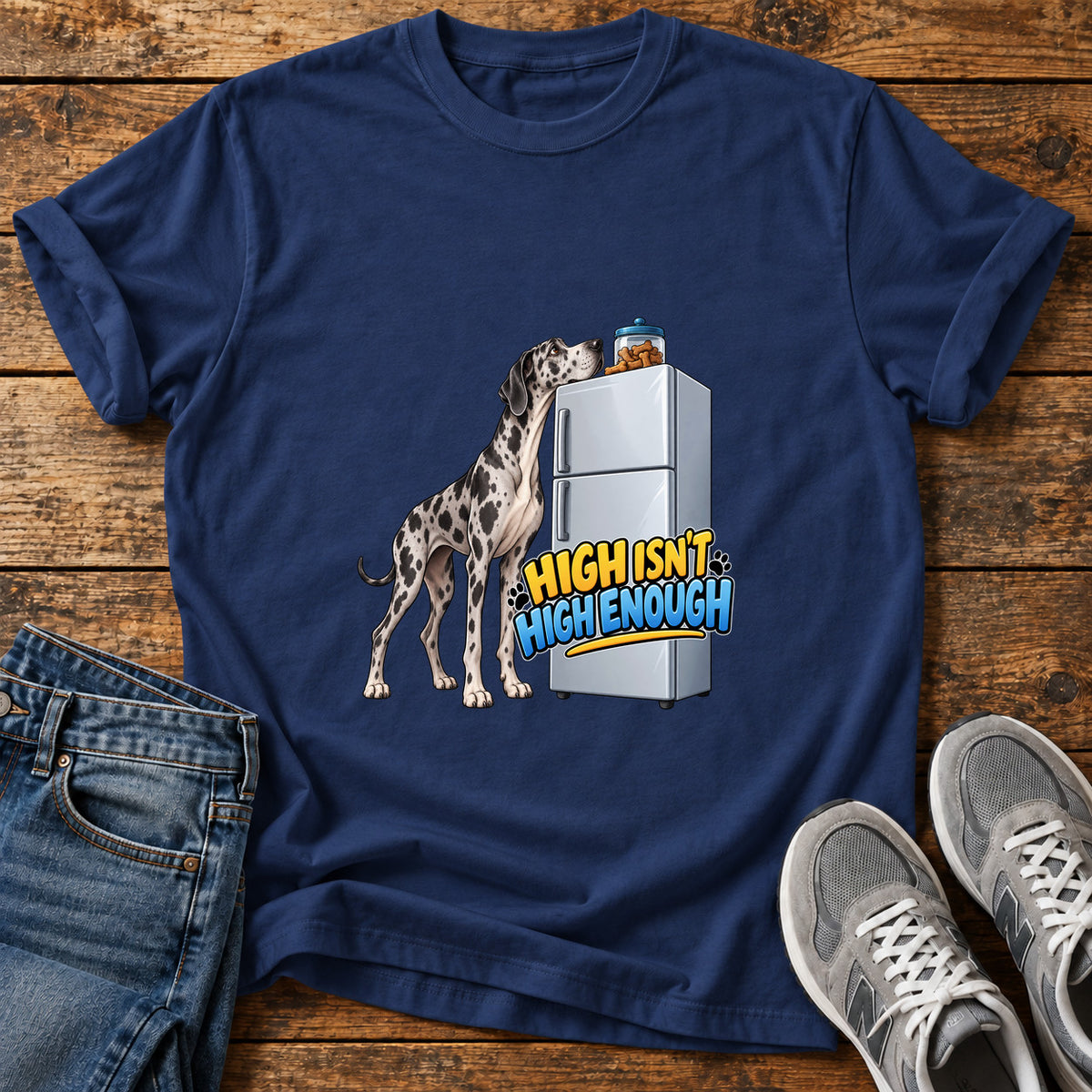 High Isn't Enough Great Dane graphic T-shirt in Navy, shown on a flat-lay shirt mockup