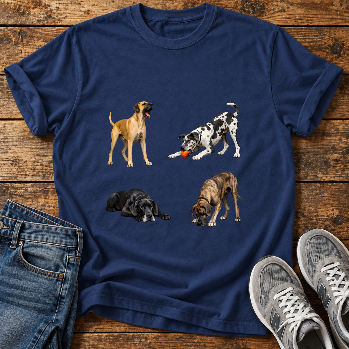 Great Dane Quartet graphic T-shirt in Navy, shown on a flat-lay shirt mockup