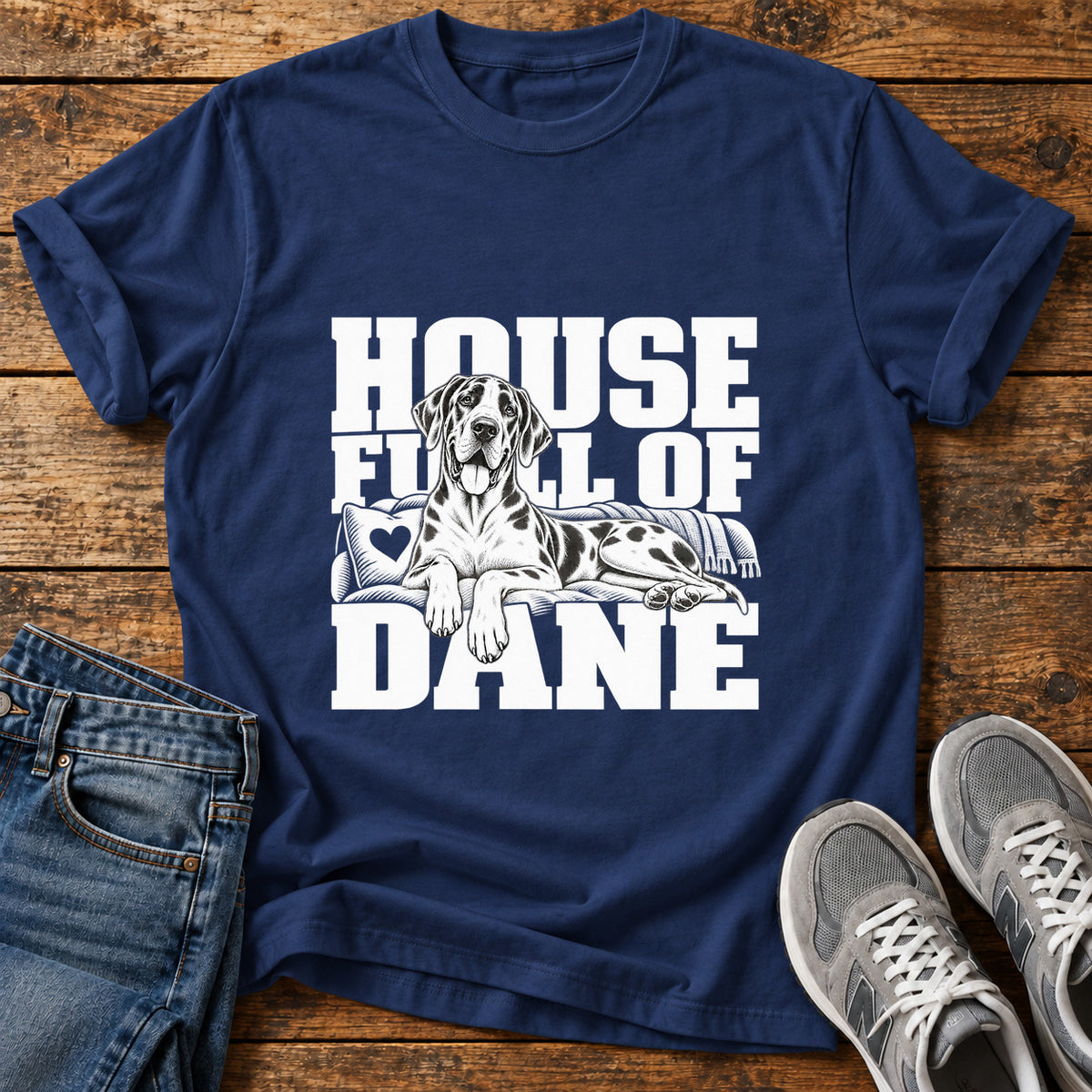 House Full Great Dane graphic T-shirt in Navy, shown on a flat-lay shirt mockup