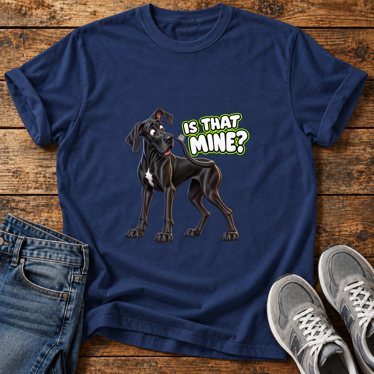 Is That Mine Great Dane graphic T-shirt in Navy, shown on a flat-lay shirt mockup