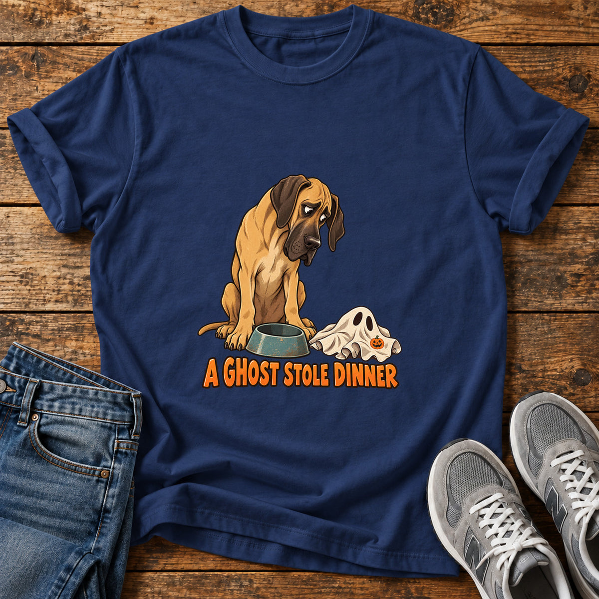 A Ghost Dinner Great Dane graphic T-shirt in Navy, shown on a flat-lay shirt mockup