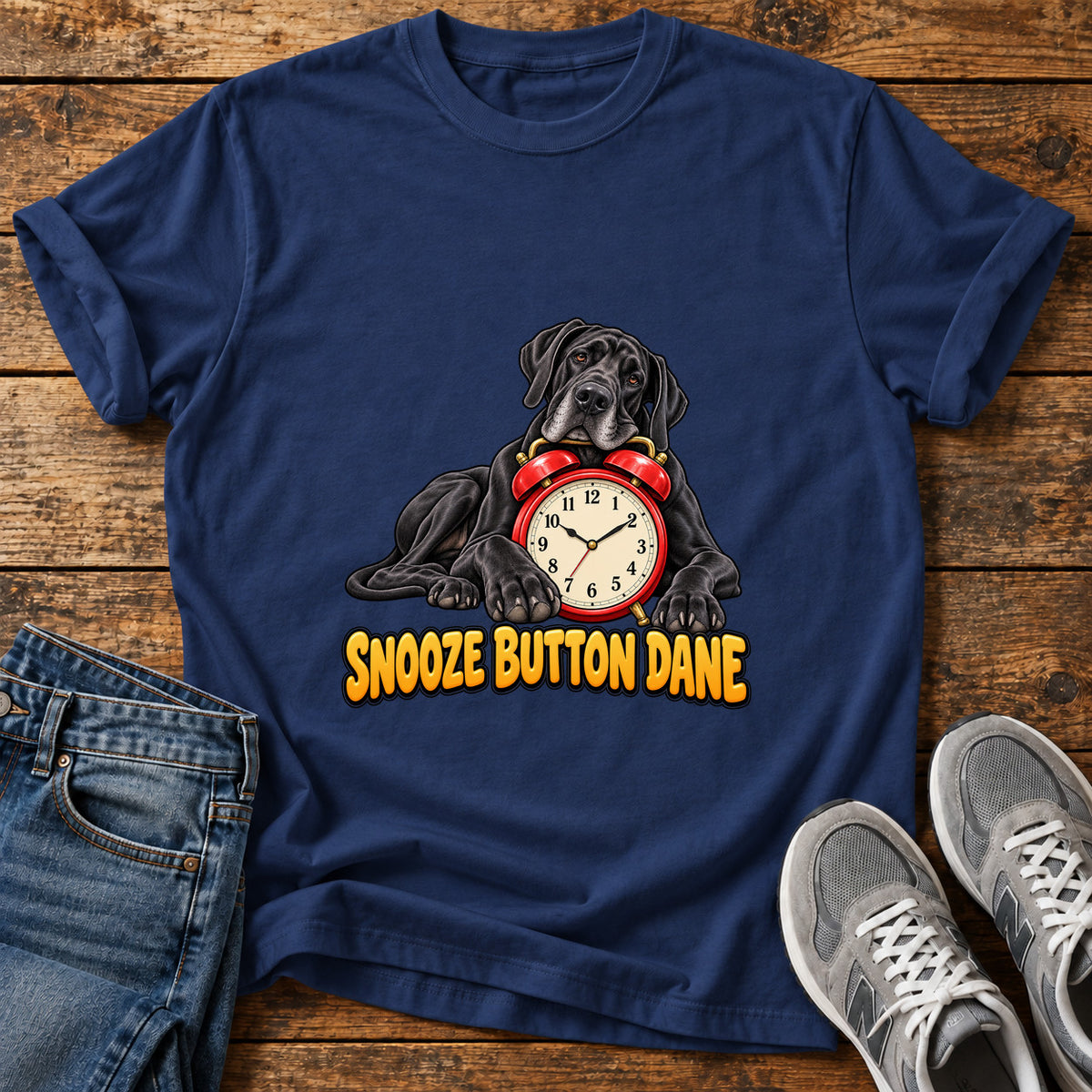 Snooze Button Dane Great Dane graphic T-shirt in Navy, shown on a flat-lay shirt mockup