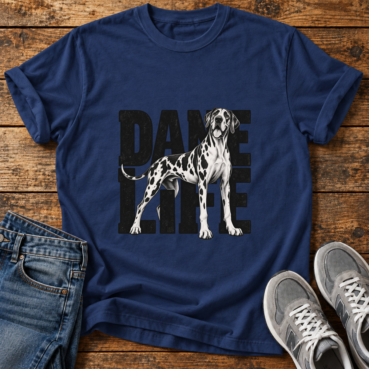 Dane Life Great Dane graphic T-shirt in Navy, shown on a flat-lay shirt mockup
