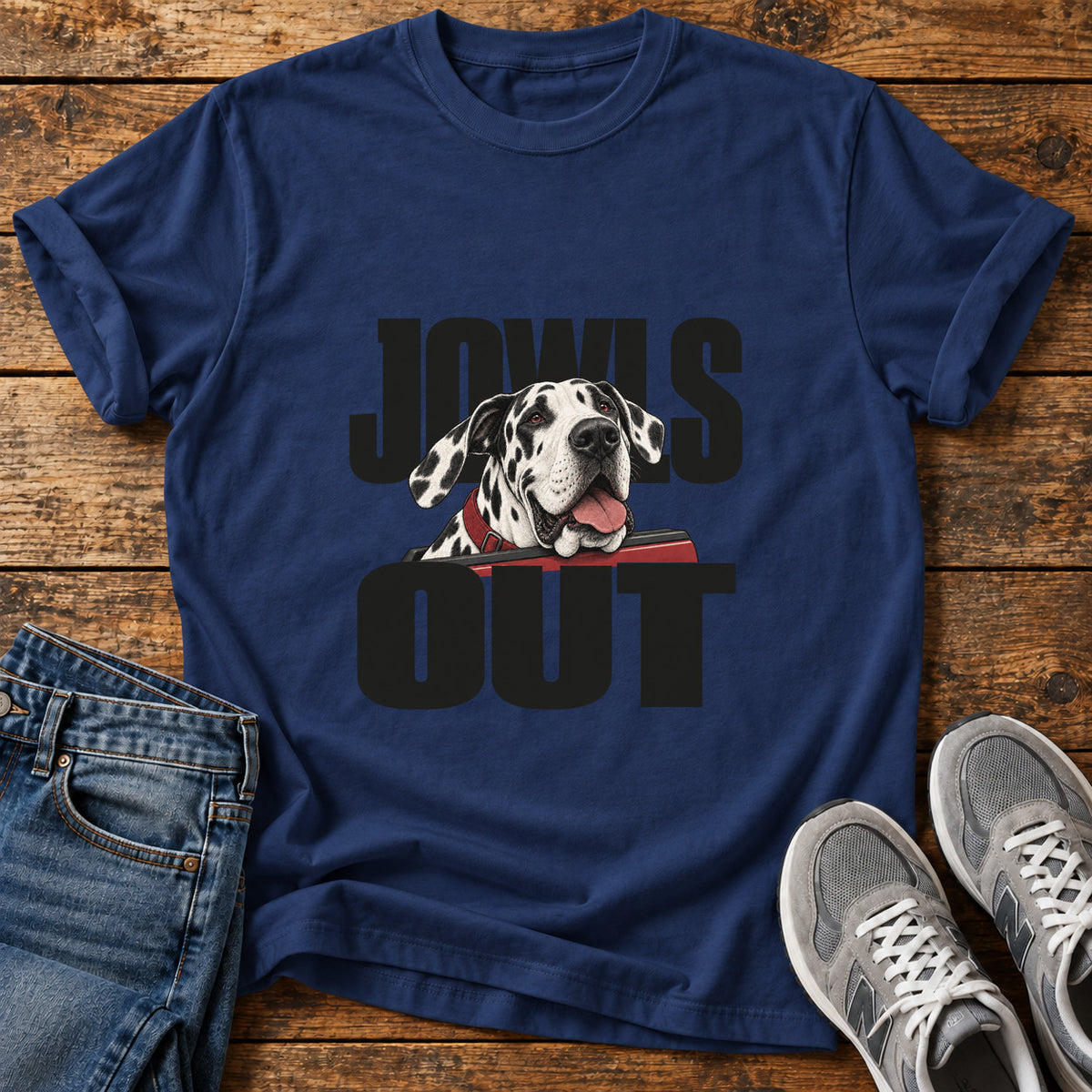 Jowls Out Great Dane graphic T-shirt in Navy, shown on a flat-lay shirt mockup