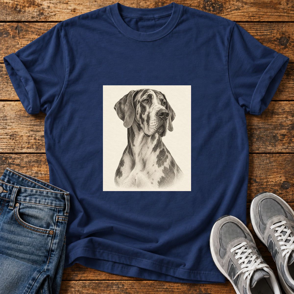 Great Dane Majesty graphic T-shirt in Navy, shown on a flat-lay shirt mockup