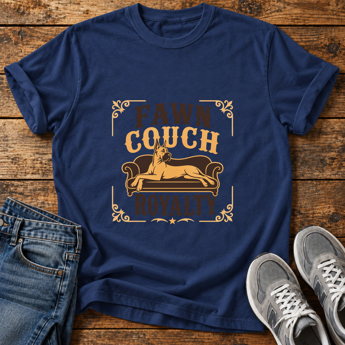 Fawn Couch Royalty Great Dane graphic T-shirt in Navy, shown on a flat-lay shirt mockup