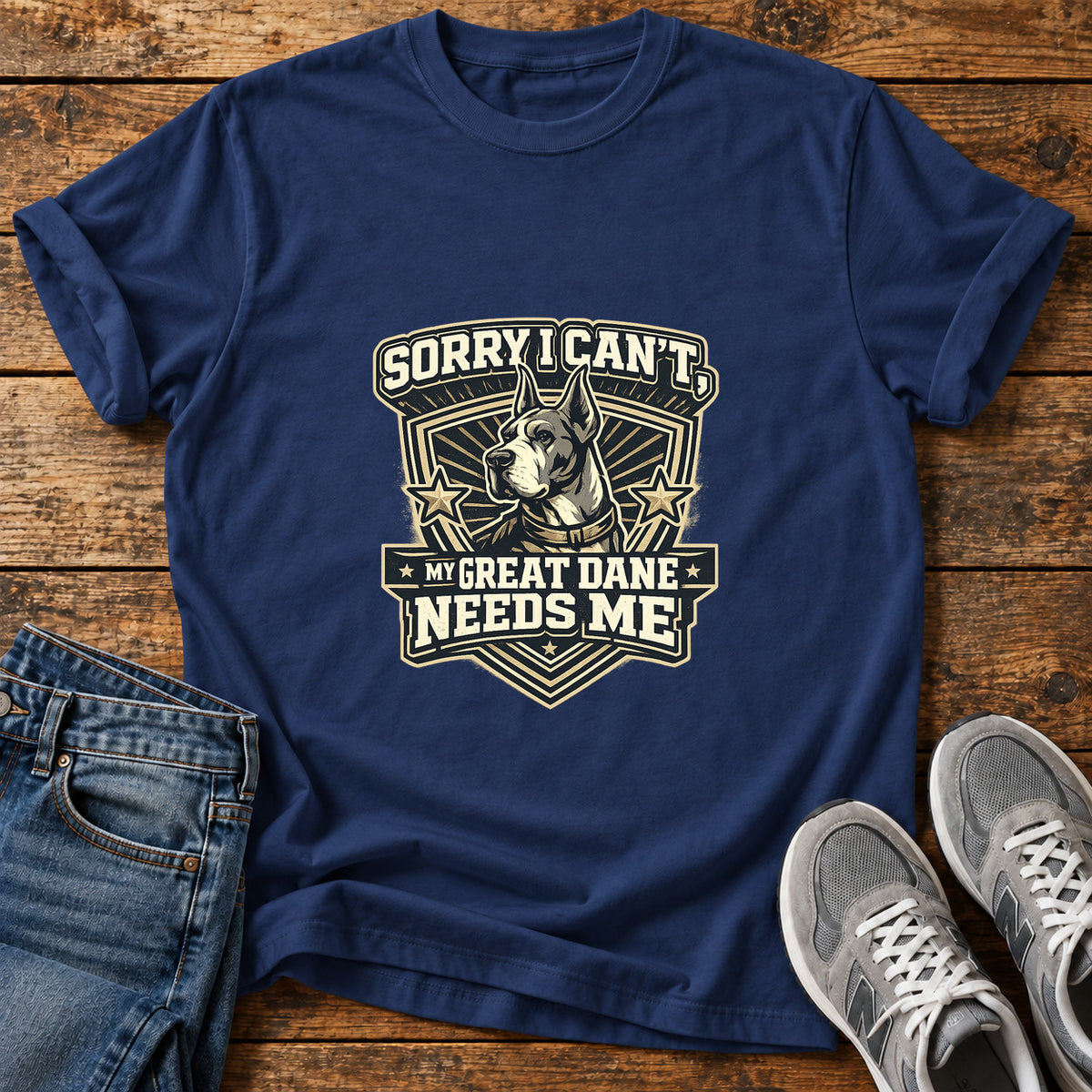 Sorry Great Dane graphic T-shirt in Navy, shown on a flat-lay shirt mockup
