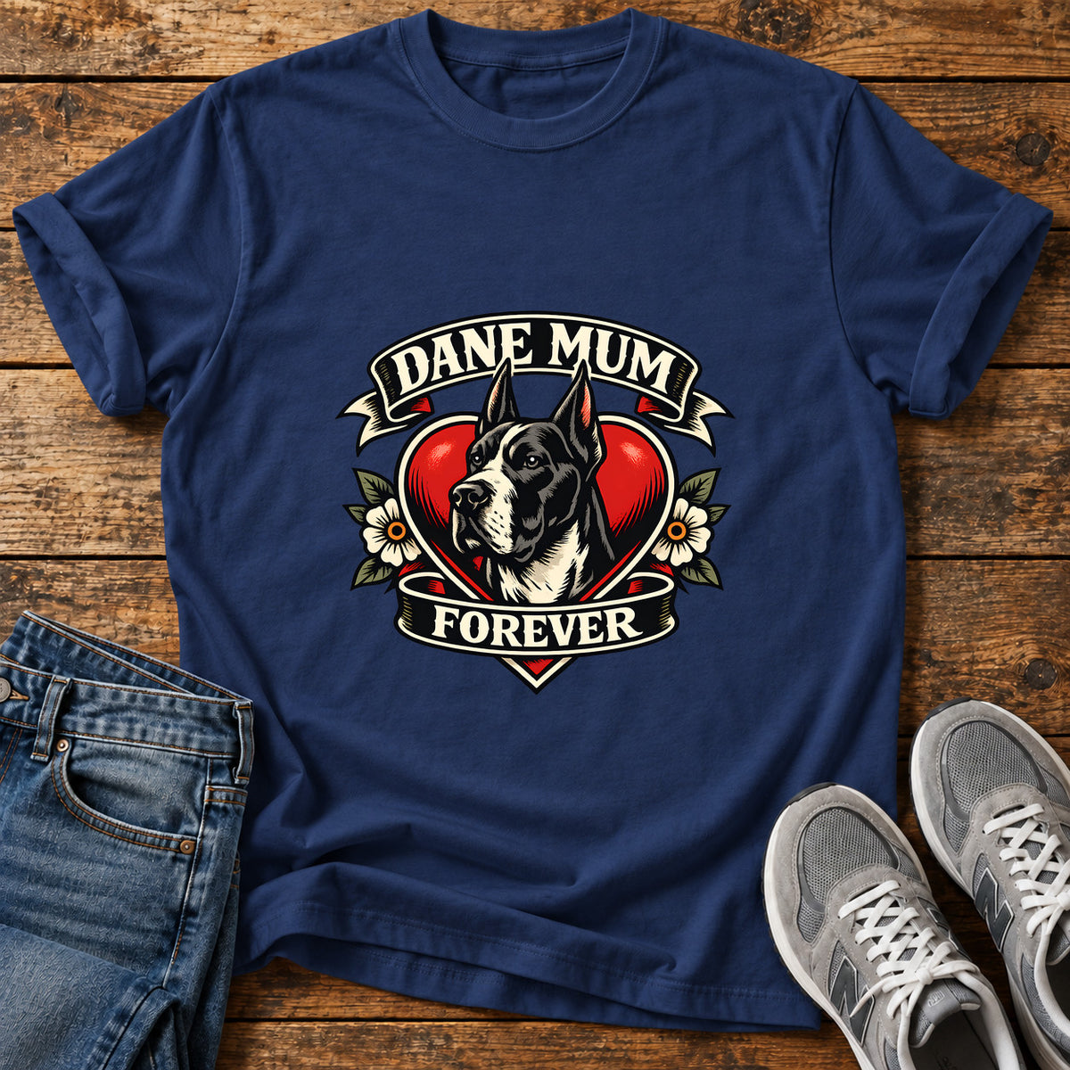 Dane Mum Forever Great Dane graphic T-shirt in Navy, shown on a flat-lay shirt mockup