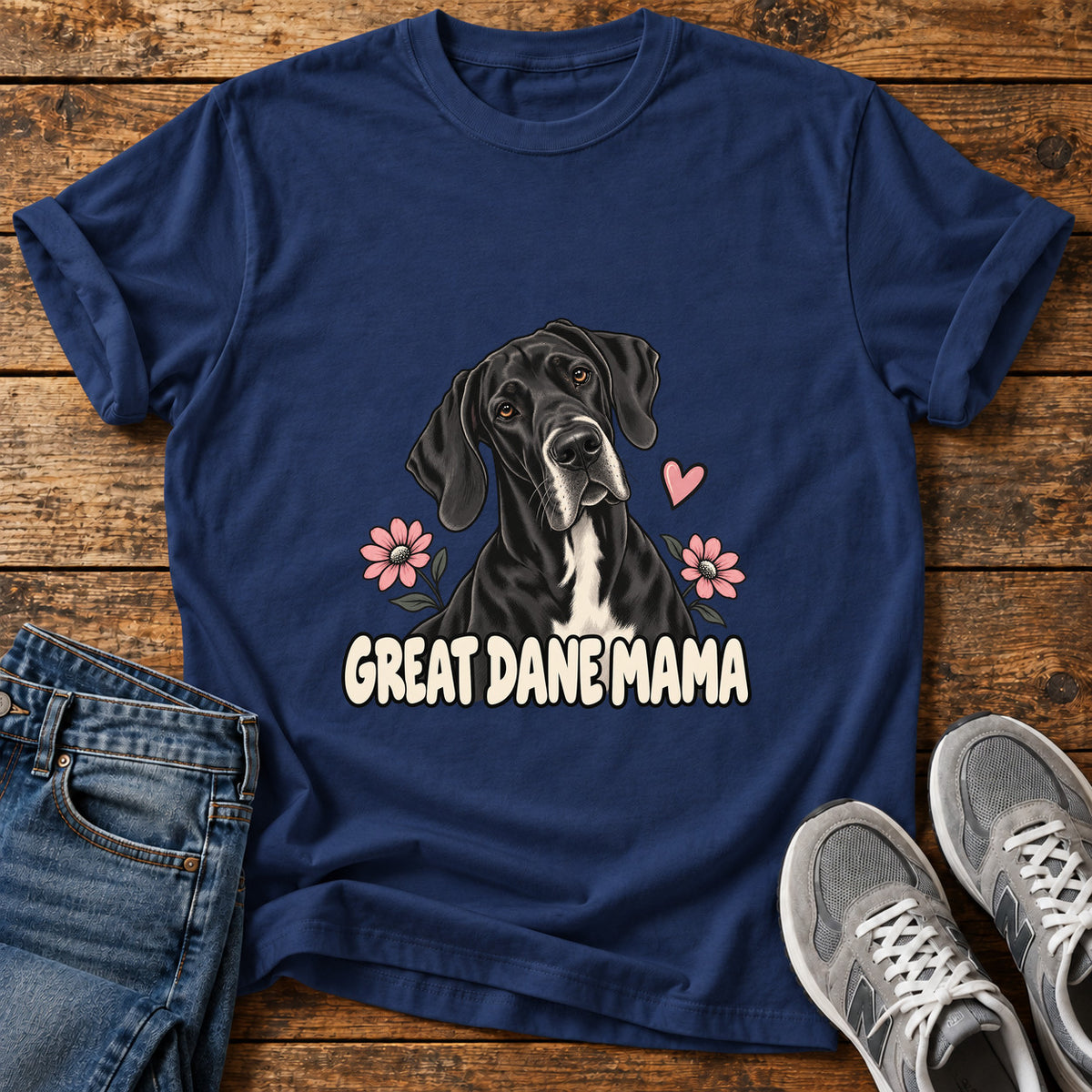 Great Dane Mama graphic T-shirt in Navy, shown on a flat-lay shirt mockup