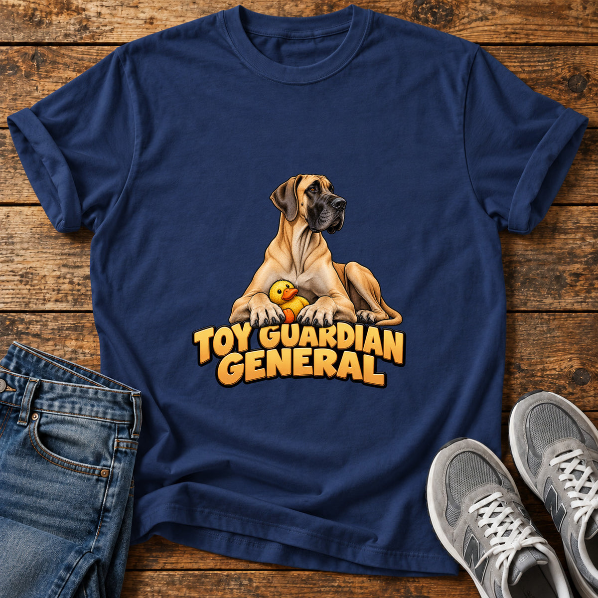 Toy Guardian General Great Dane graphic T-shirt in Navy, shown on a flat-lay shirt mockup