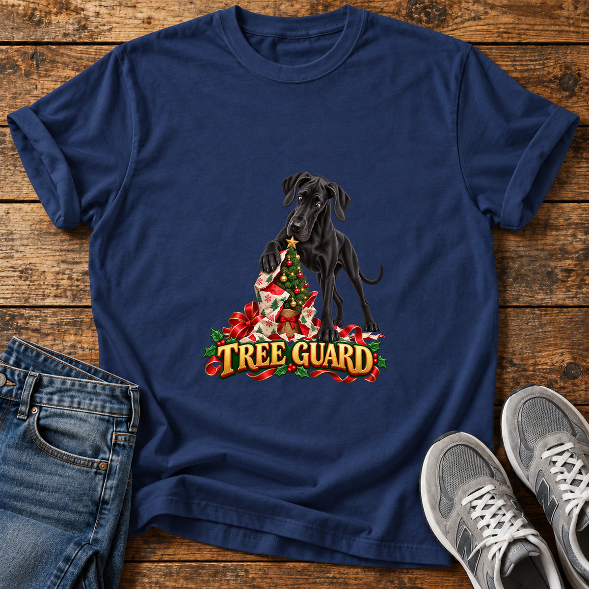 Tree Guard Great Dane graphic T-shirt in Navy, shown on a flat-lay shirt mockup