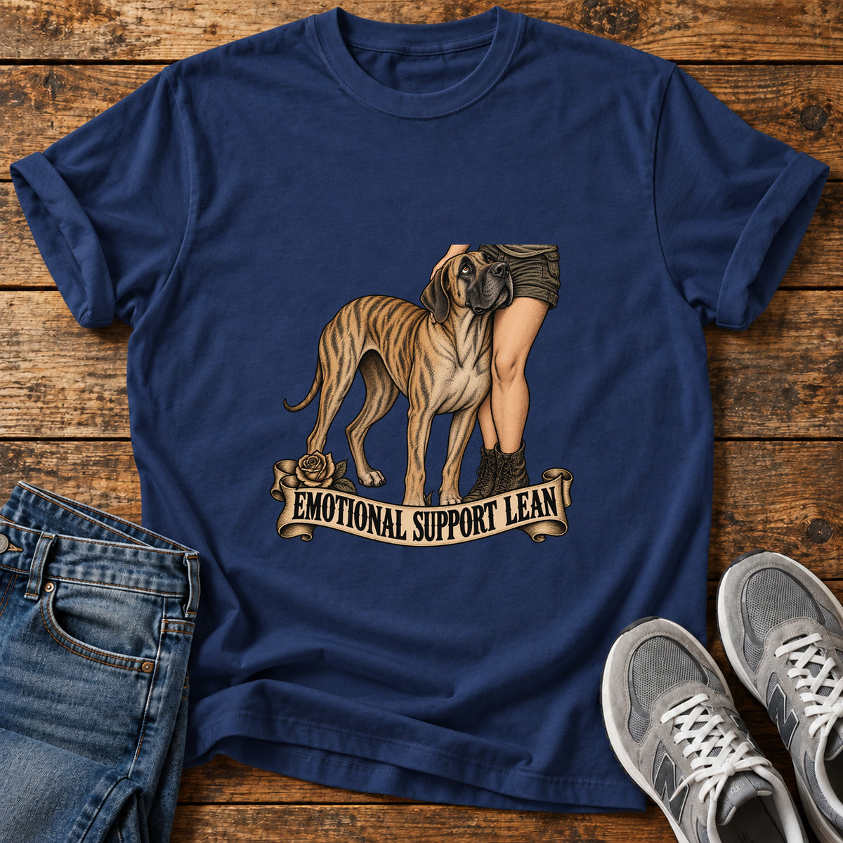 Emotional Support Lean Great Dane graphic T-shirt in Navy, shown on a flat-lay shirt mockup