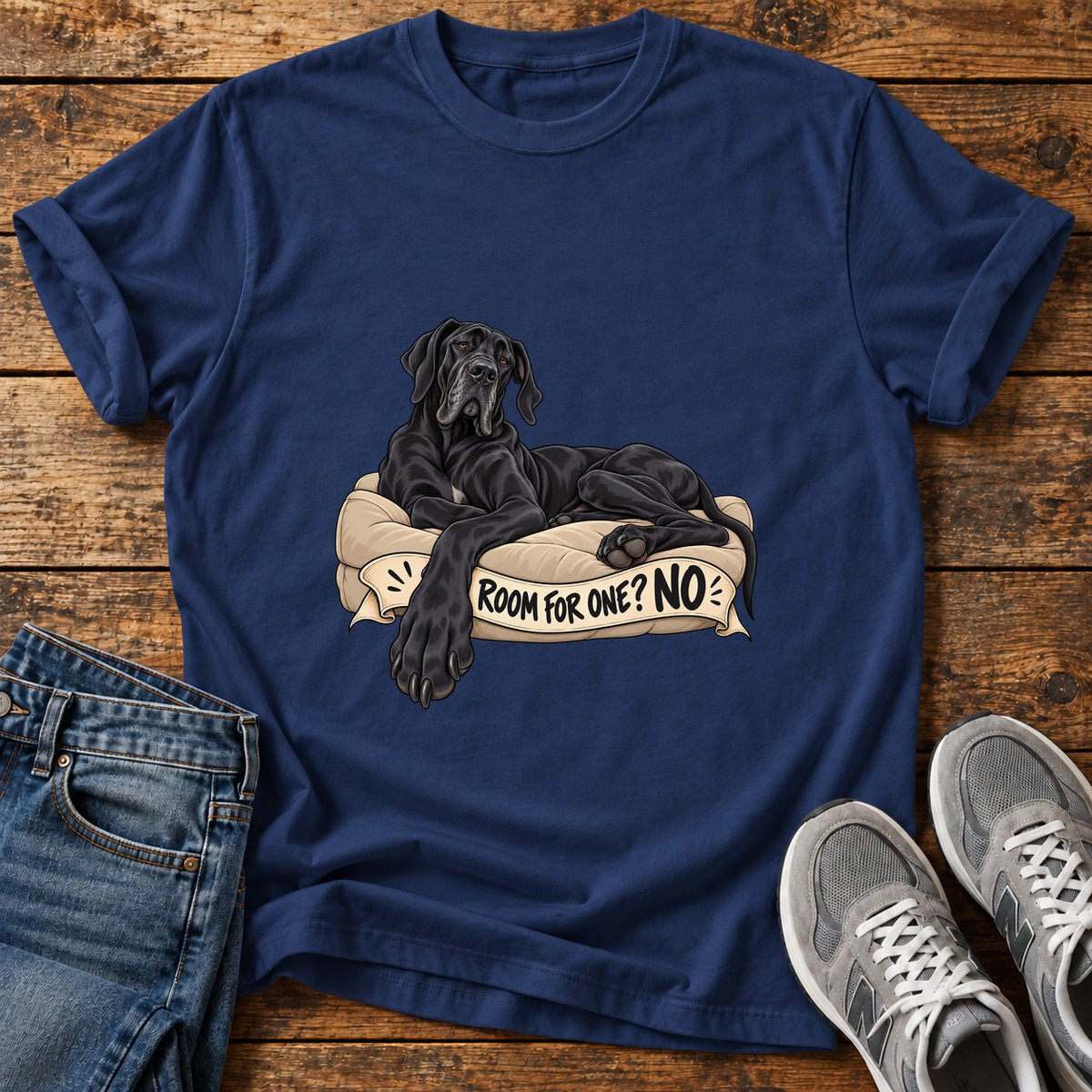 Room For One Great Dane graphic T-shirt in Navy, shown on a flat-lay shirt mockup