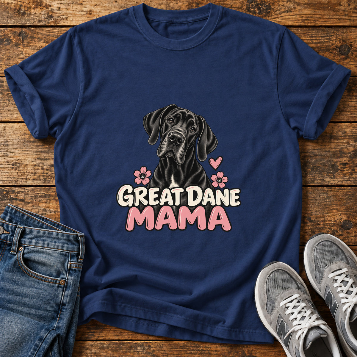 Great Dane Mama graphic T-shirt in Navy, shown on a flat-lay shirt mockup