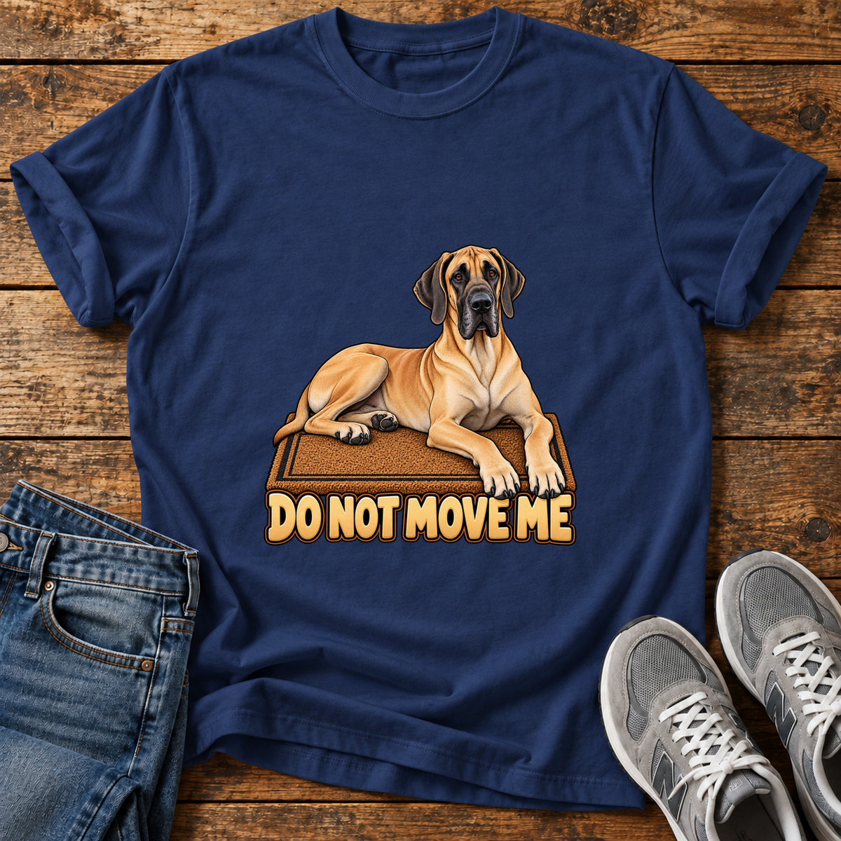 Do Not Move Great Dane graphic T-shirt in Navy, shown on a flat-lay shirt mockup