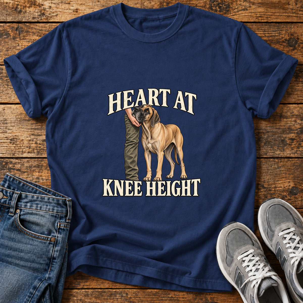 Heart at Knee Great Dane graphic T-shirt in Navy, shown on a flat-lay shirt mockup
