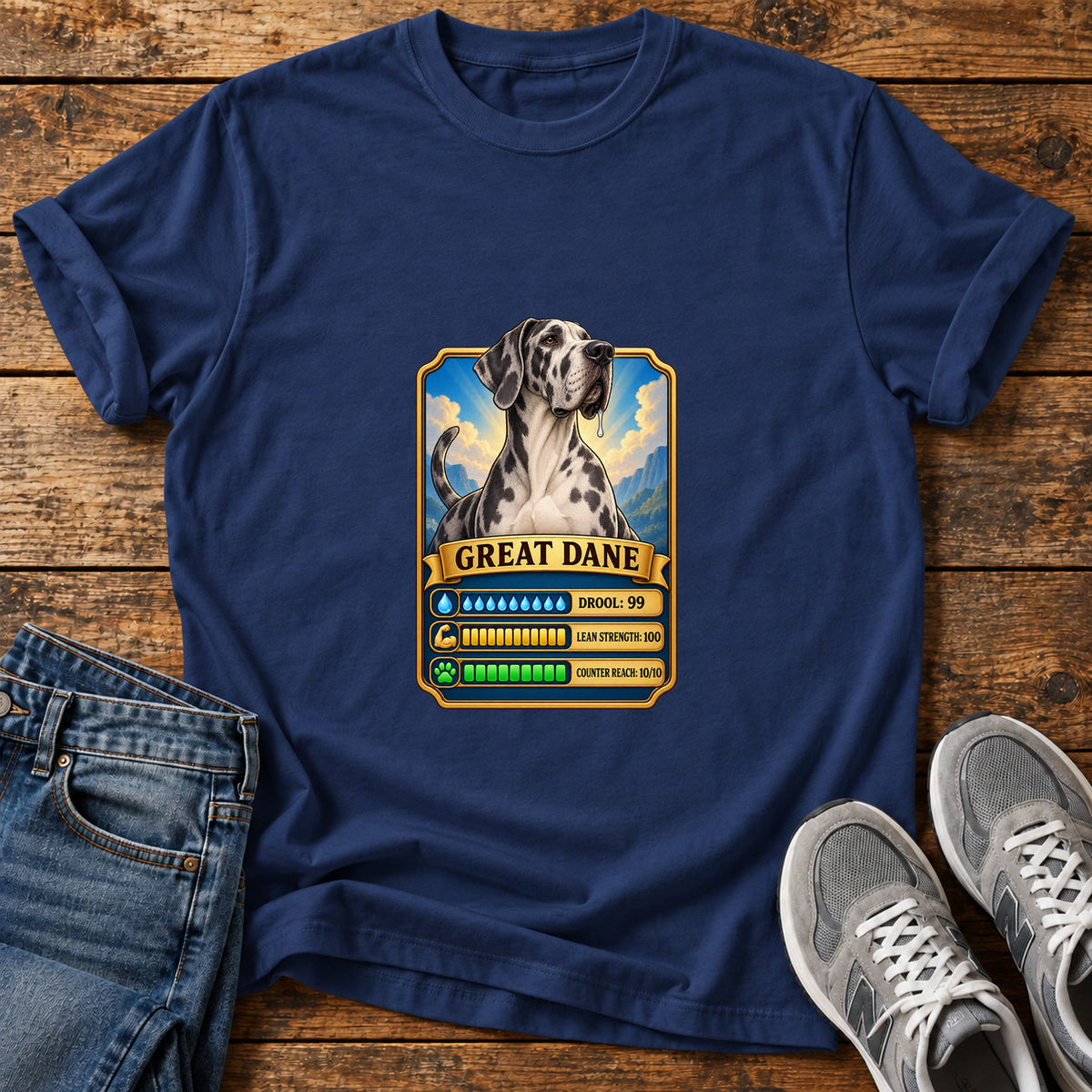 Great Dane Stats graphic T-shirt in Navy, shown on a flat-lay shirt mockup