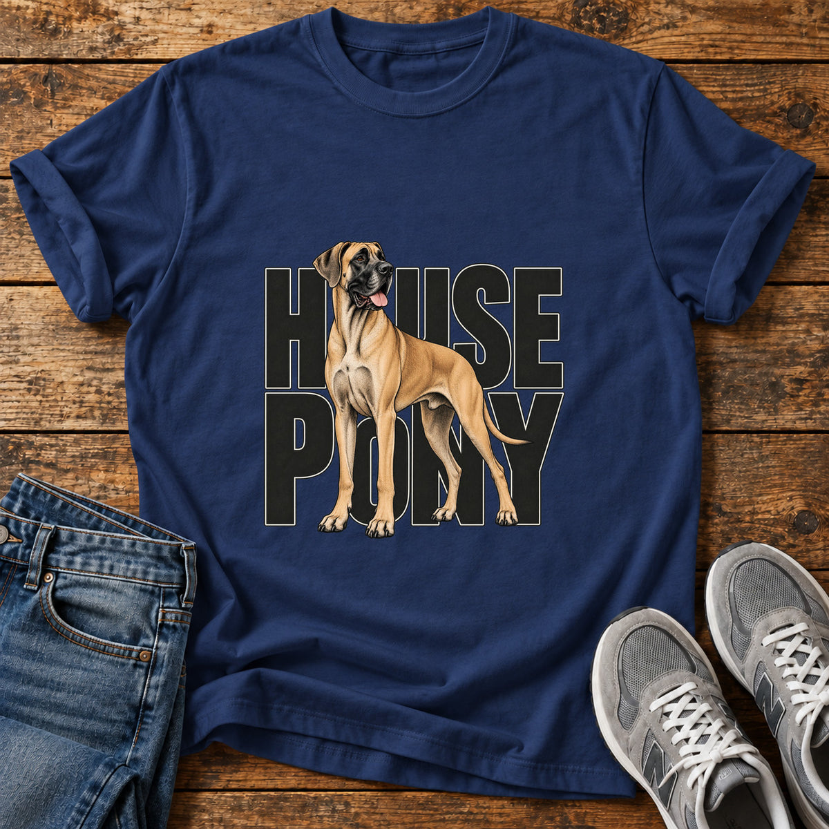 House Pony Great Dane graphic T-shirt in Navy, shown on a flat-lay shirt mockup