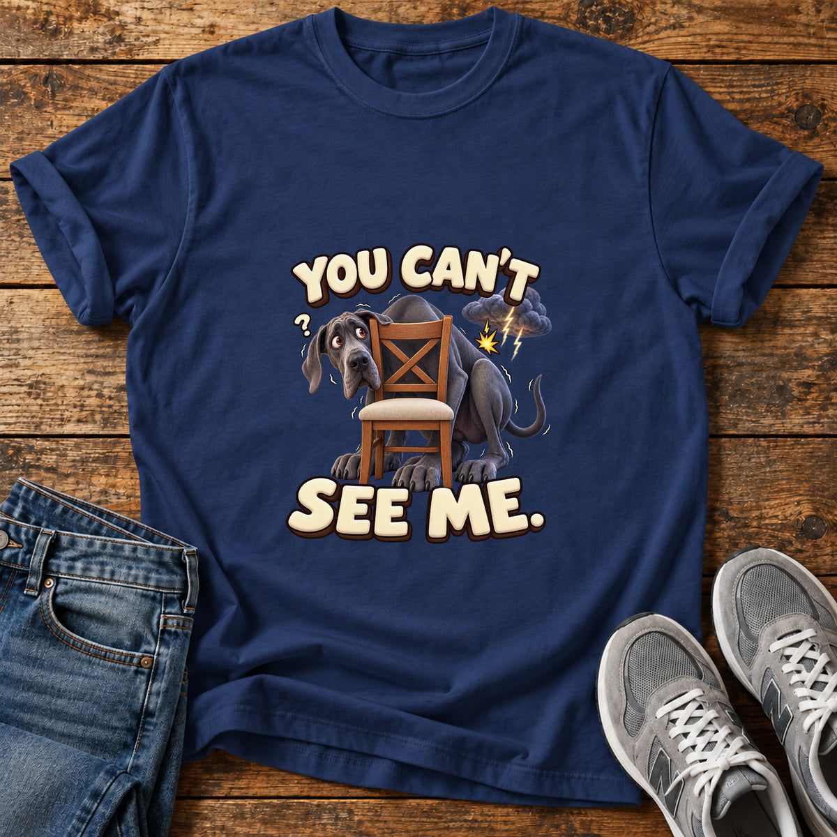 You Can't See Great Dane graphic T-shirt in Navy, shown on a flat-lay shirt mockup