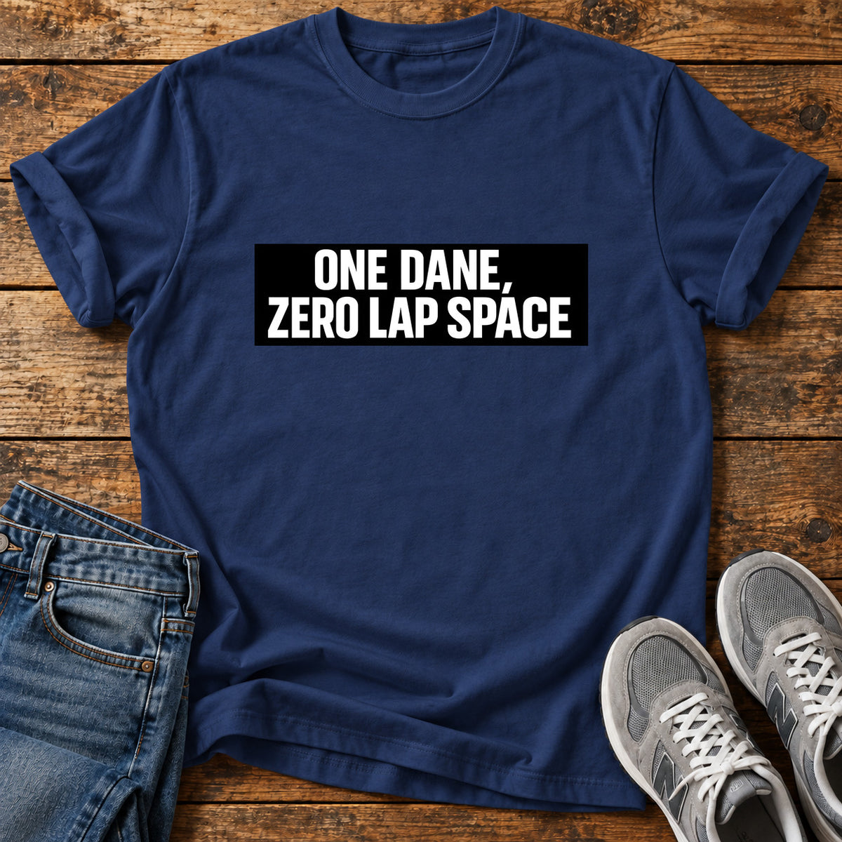 One Dane Zero Great Dane graphic T-shirt in Navy, shown on a flat-lay shirt mockup