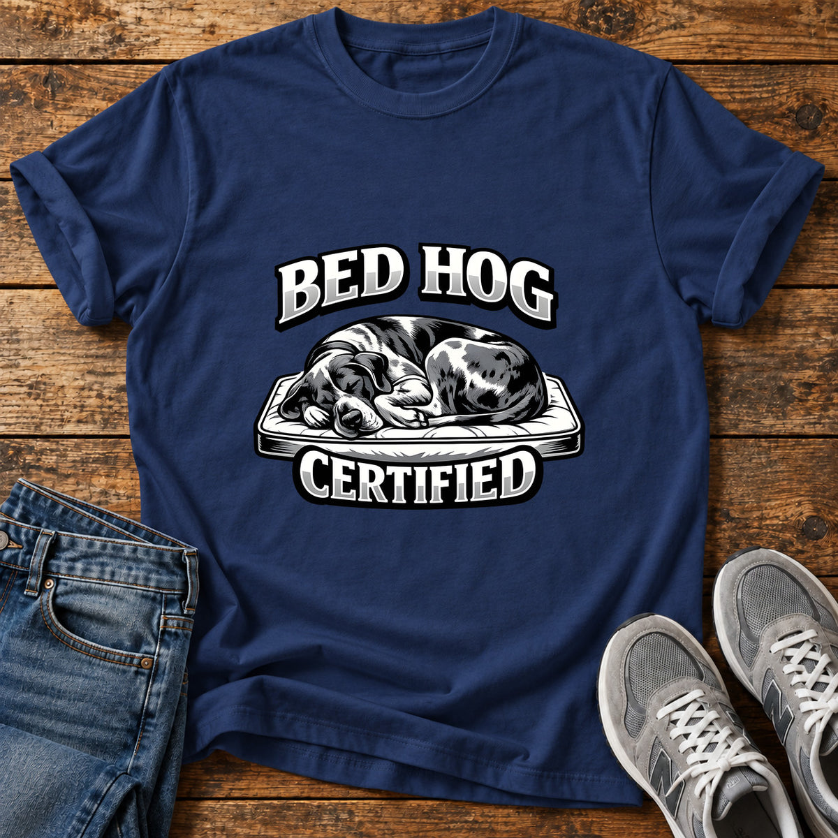 Bed Hog Certified Great Dane graphic T-shirt in Navy, shown on a flat-lay shirt mockup