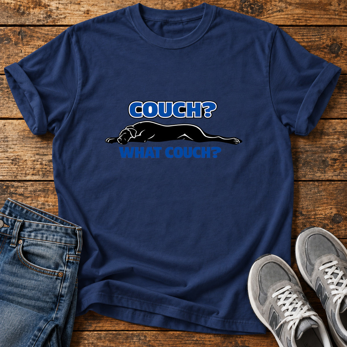 Couch What Couch Great Dane graphic T-shirt in Navy, shown on a flat-lay shirt mockup