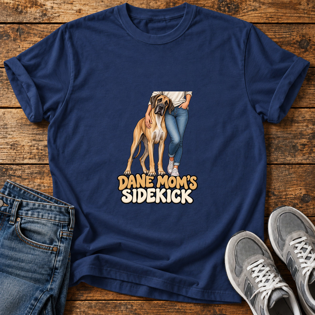 Dane Mom's Sidekick Great Dane graphic T-shirt in Navy, shown on a flat-lay shirt mockup