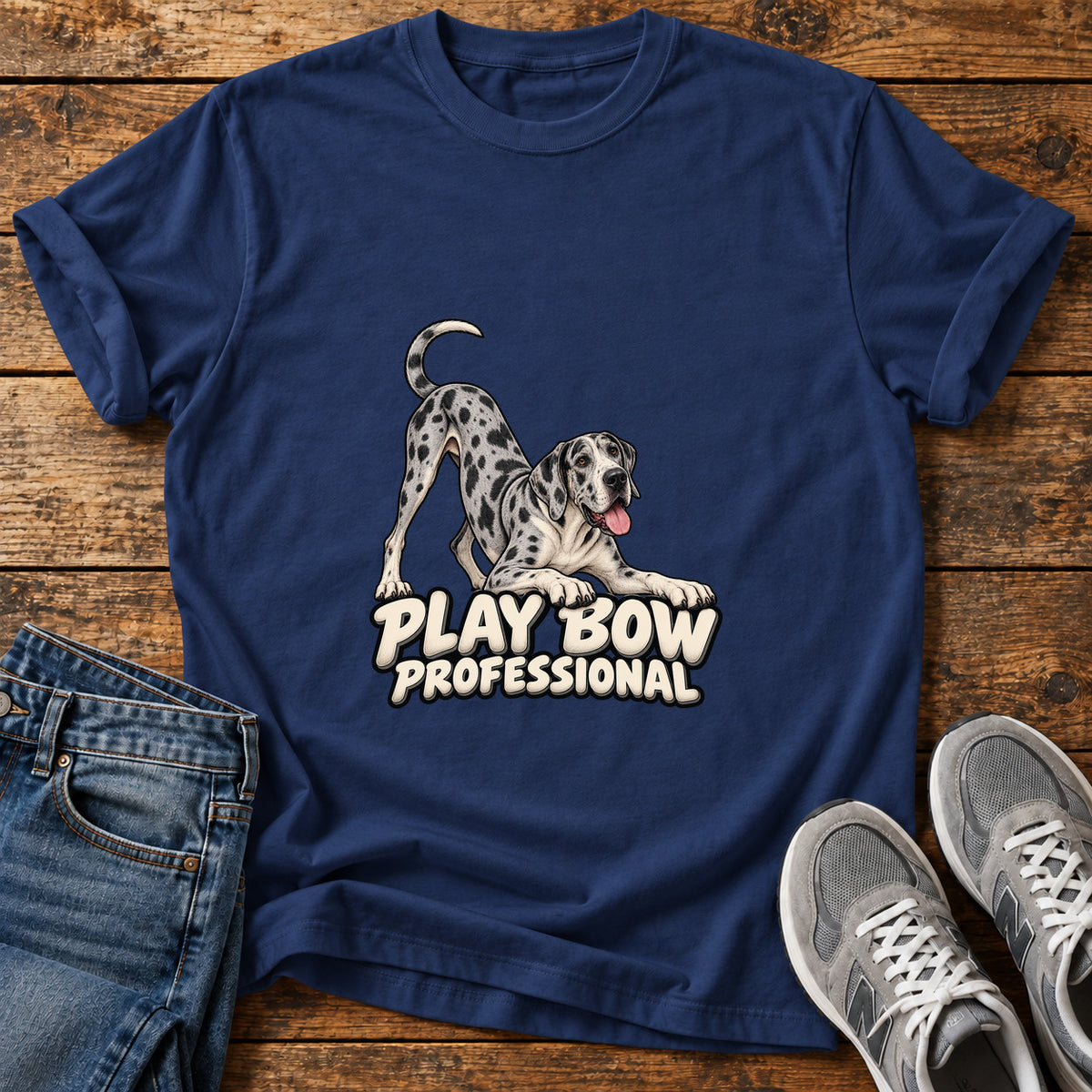 Play Bow Pro Great Dane graphic T-shirt in Navy, shown on a flat-lay shirt mockup