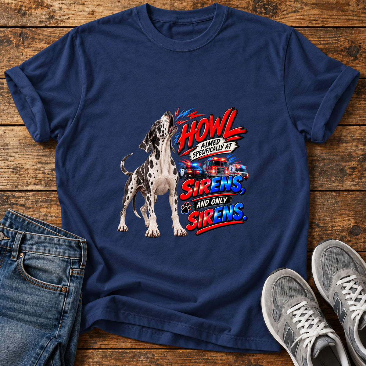 Howl At Sirens Great Dane graphic T-shirt in Navy, shown on a flat-lay shirt mockup