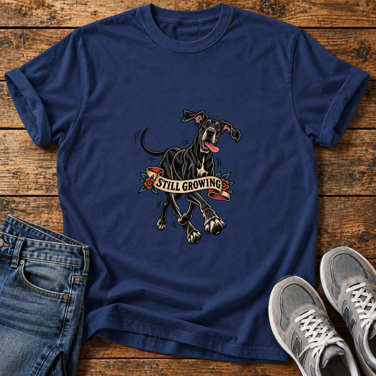 Still Growing Great Dane graphic T-shirt in Navy, shown on a flat-lay shirt mockup