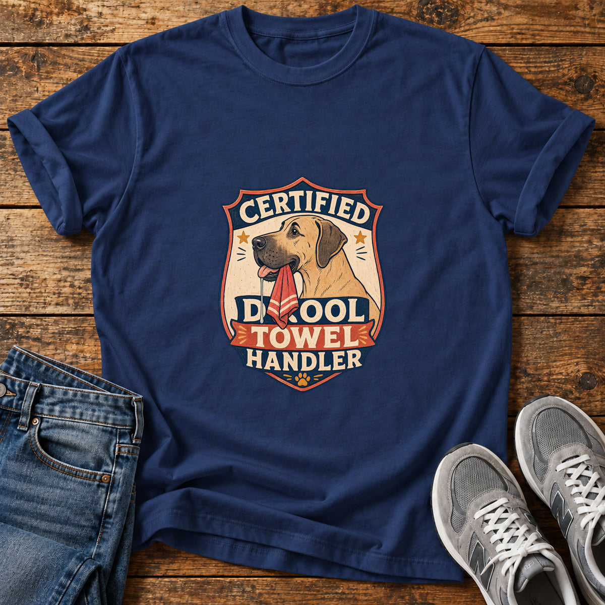 Certified Drool Handler Great Dane graphic T-shirt in Navy, shown on a flat-lay shirt mockup