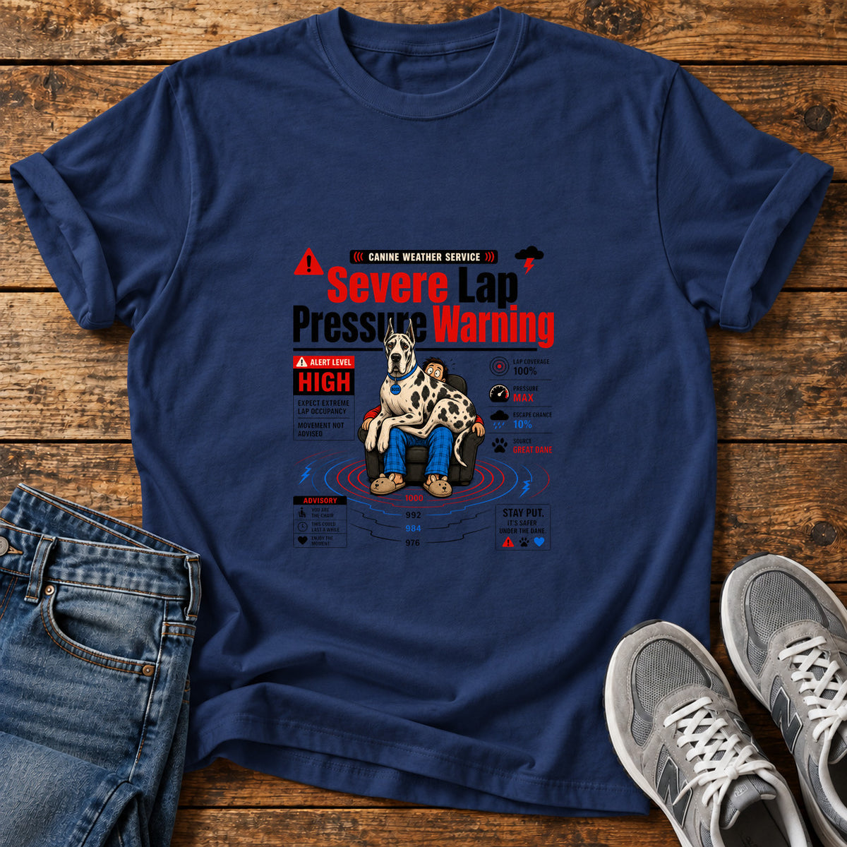 Severe Lap Warning Great Dane graphic T-shirt in Navy, shown on a flat-lay shirt mockup