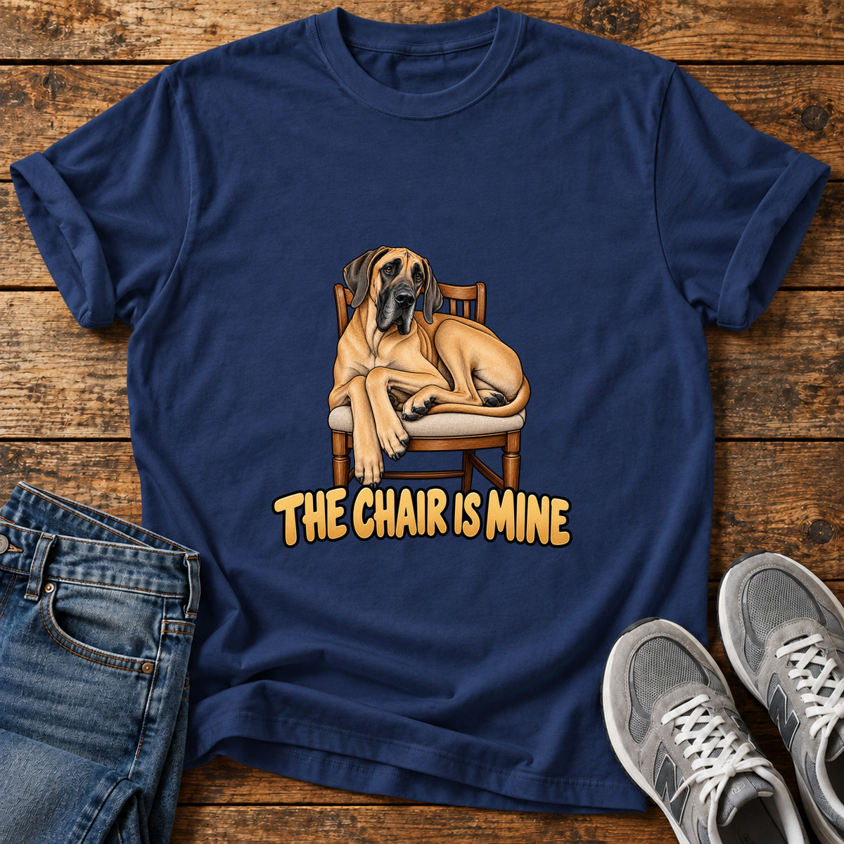 The Chair Great Dane graphic T-shirt in Navy, shown on a flat-lay shirt mockup