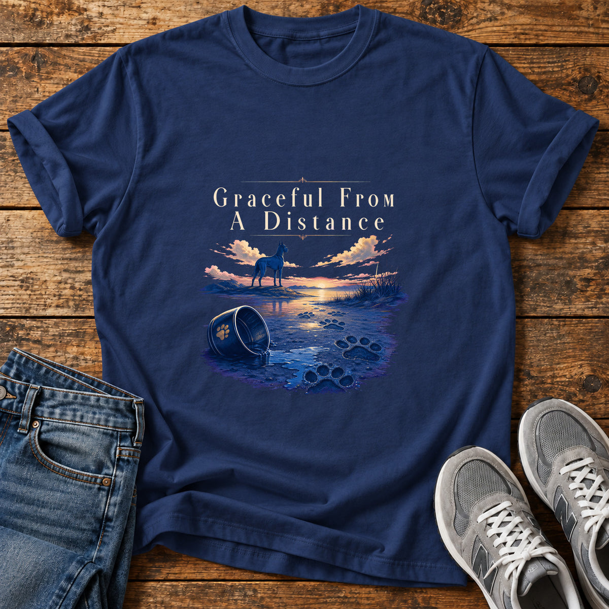Graceful Distance Great Dane graphic T-shirt in Navy, shown on a flat-lay shirt mockup