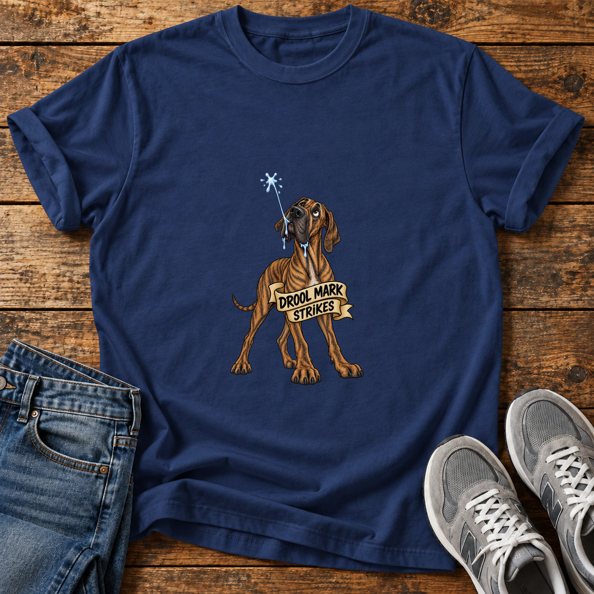 Drool Mark Strikes Great Dane graphic T-shirt in Navy, shown on a flat-lay shirt mockup